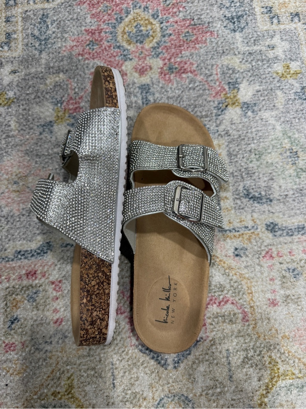 Nicole Miller Silver Crystal Double-Buckle Slide Sandals - Picture 3 of 4